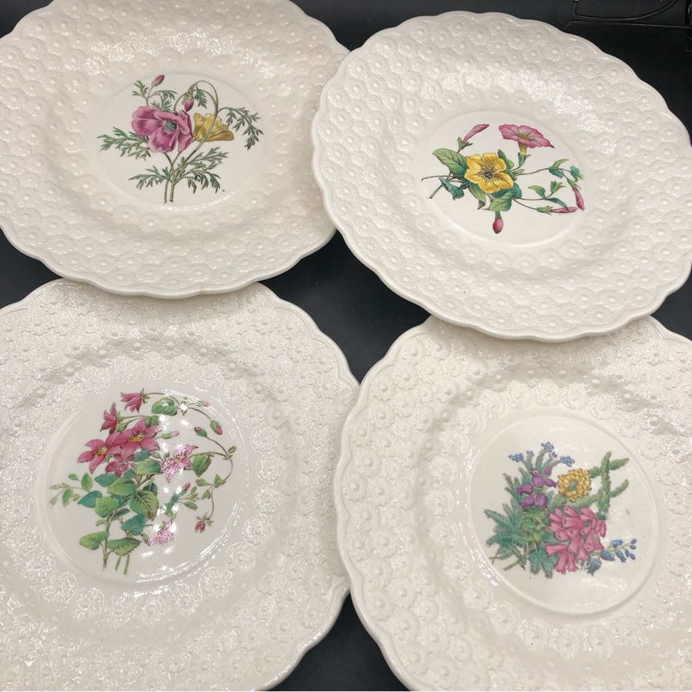 4 Spode Copeland Plates 9.25” Provincial Flowers Heath Campanula Petunia etc EXC